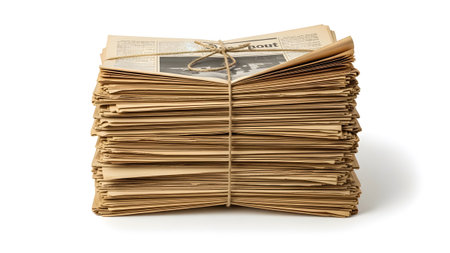 With showing tall stack of old newspapers tied with twine on a white background side view.