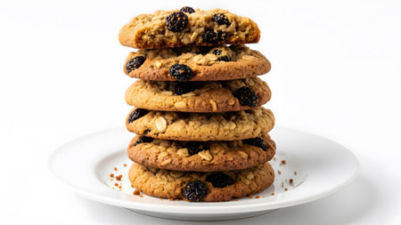 Oatmeal showing stack of five oatmeal raisin cookies on a white plate with crumbs.