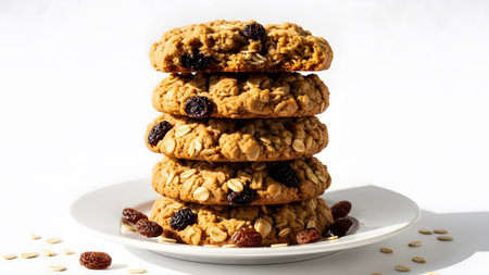 Oatmeal showing stack of five oatmeal raisin cookies on white plate with scattered oats and...の写真素材