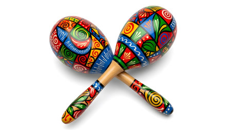 Two crossed maracas display lively geometric and floral in multiple bright colors on white.