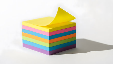 With showing stack of colorful sticky notes with a yellow note peeling up casting a shadow.