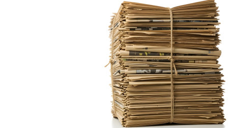 With showing tall stack of newspapers tied with twine on a white background with copy space....