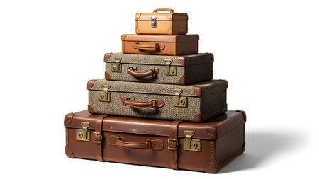 Five vintage suitcases of varying sizes, made of brown leather and tweed with brass fittings,...