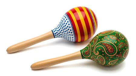 Two distinctively patterned maracas, one with paisley and the other with stripes, rest on a...