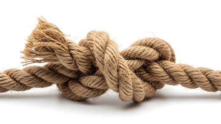 A thick brown jute rope is tightly knotted with frayed ends, isolated on a white background.