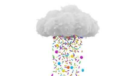 showing white cloud with a textured appearance raining a dense mix of colorful sprinkles...