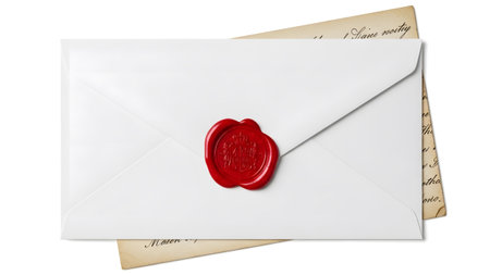 Communication showing white envelope with red wax seal and handwritten letter underneath on...