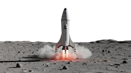 A white spacecraft with bright engine exhaust lands on a rocky moon surface, creating a cloud of...