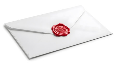 Heraldic showing white envelope with red wax seal showing heraldic crest with crown isolated on...