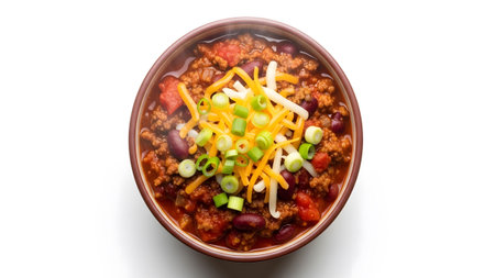 An overhead view of a bowl of chili con carne topped with shredded cheese and green onions, with...の写真素材