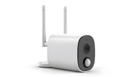 A sleek white wireless security camera with two antennas and a visible motion sensor is...