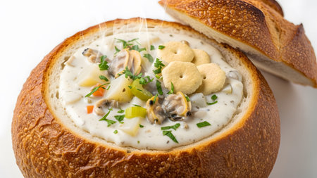 Steaming clam chowder in a sourdough bread bowl is topped with crackers and fresh parsley on white.