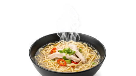 Lunch showing steaming bowl of ramen noodles with sliced chicken chili peppers and green onions...