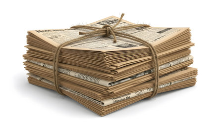 With showing stack of old newspapers tied with rough twine on a white background.