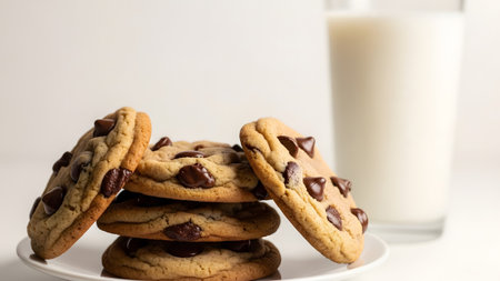 Cookies showing several chocolate chip cookies piled on a plate with milk.