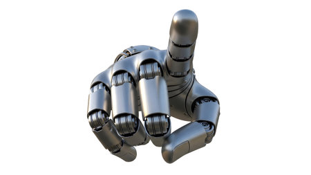 A shiny metallic robot hand with visible joints points its index finger forward....