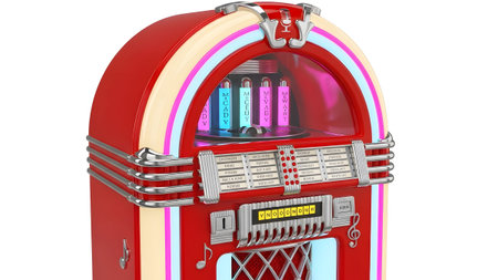 A vintage red jukebox colorful light tubes and a song selection panel with chrome details.