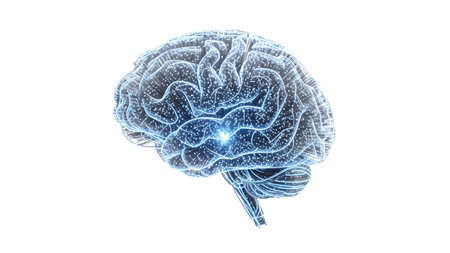 Central showing luminous human brain with blue neural network and bright central glow on white...