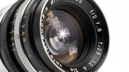 Detailed close-up of a vintage camera lens aperture with starburst reflections and f-stop numbers.