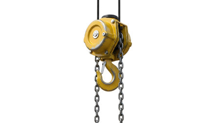 showing yellow chain hoist with metal hook and chain hanging against white background....