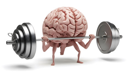 A pink brain with pink arms and legs lifts a heavy barbell with silver weights, isolated on a...