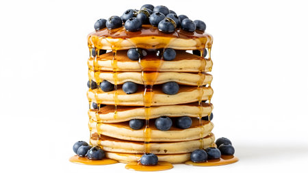 A tall stack of golden brown pancakes generously drizzled with amber syrup and topped with fresh...