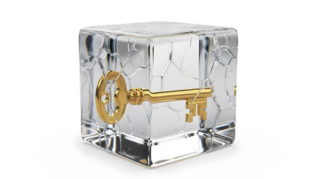 (1004) showing golden key visible through a heavily cracked transparent ice cube.