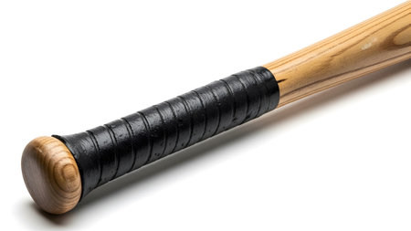 Detailed view of black grip tape wrapped tightly around the handle of a light brown wooden...