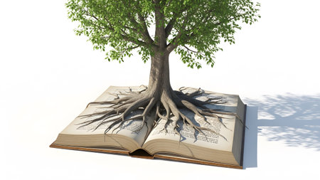Development showing detailed 3d render of an open book with a lush green tree growing from its...