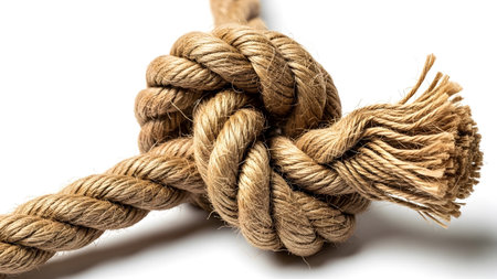 A detailed close-up of a thick, textured natural fiber rope tied in a secure, intricate knot.