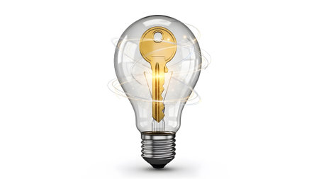 Bulb showing golden key inside clear light bulb with swirling light effect on white background....の写真素材