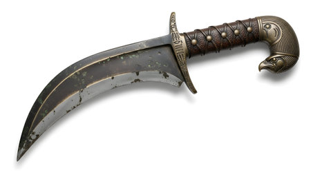 Patina showing ancient egyptian khopesh sword with eagle head handle and aged patina on white...