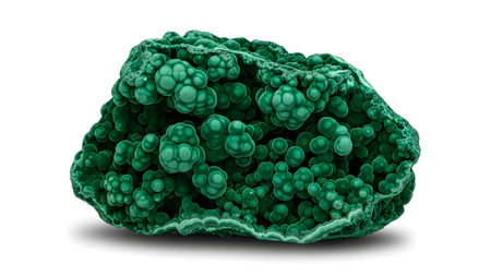 A striking green malachite mineral specimen is displayed, featuring a dense arrangement of...