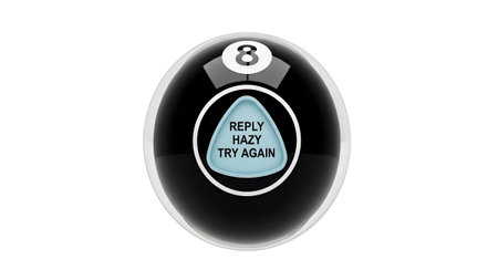 A black Magic 8 Ball with a white number 8 and a blue window showing Reply Hazy Try Again.