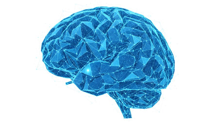 A blue polygonal brain structure with interconnected nodes and lines on a white background.