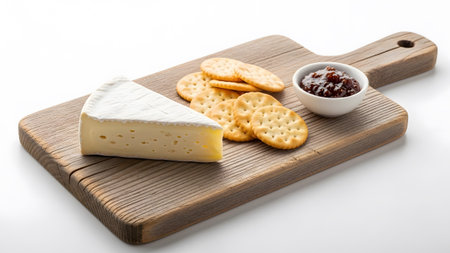 Cheese showing brie cheese and crackers with jam on a wooden cutting board with white...