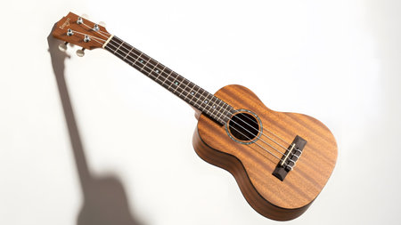 Pegs showing brown wooden ukulele with four strings and tuning pegs on a white background with...