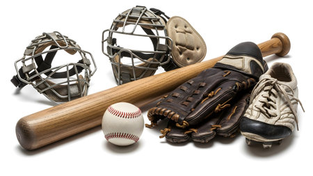 Baseball equipment including a bat, glove, ball, catcher's mask, and cleats are arranged on white.