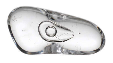 A clear polished glass pebble with internal air bubbles and a large oval bubble cavity, isolated...