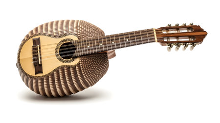 Armadillo showing armadillo shaped mandolin with wooden body and strings on white background....
