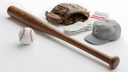 White showing baseball equipment including wooden bat baseball glove white socks and gray...