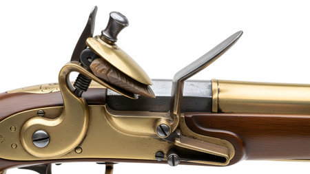 Mechanism showing close-up of antique flintlock pistol mechanism with brass and steel components...