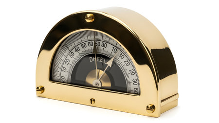 Dial showing brass inclinometer with a semicircular dial and a pointer indicating angle...