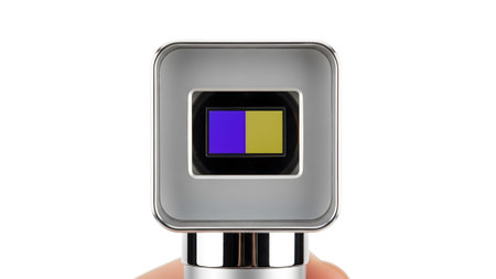 Displaying showing close-up of a silver handheld refractometer with a small screen displaying...