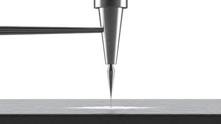 Mark showing close-up of a sharp metallic needle tip making a mark on a textured surface.