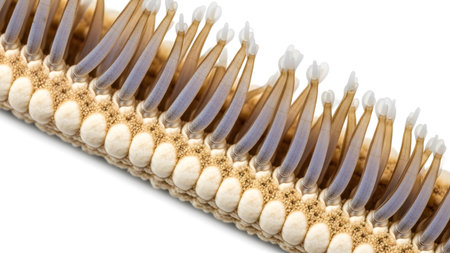 Extreme showing close-up extreme macro of a starfish tube feet and ossicles on white background....