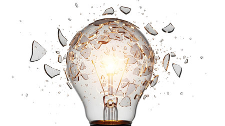 Bulb showing exploding incandescent light bulb with glass shards and water droplets flying...