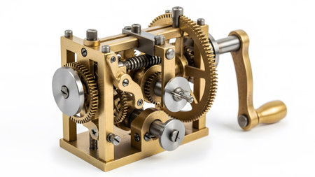 White showing detailed brass mechanical device with gears springs and a crank handle on white...