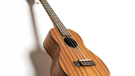 A detailed shot of a brown wooden ukulele, highlighting its wood grain, strings, and frets...の写真素材