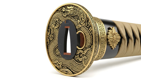 Golden dragon tsuba on a tan wrapped katana handle with white background and gold accent.